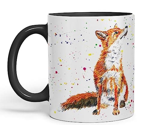 Image of Vixar Fox British Wildlife Hand Painted Design Watercolour Art Coloured Mug Cup Gift Birthday Work Office Christmas Tea Coffee (Black)