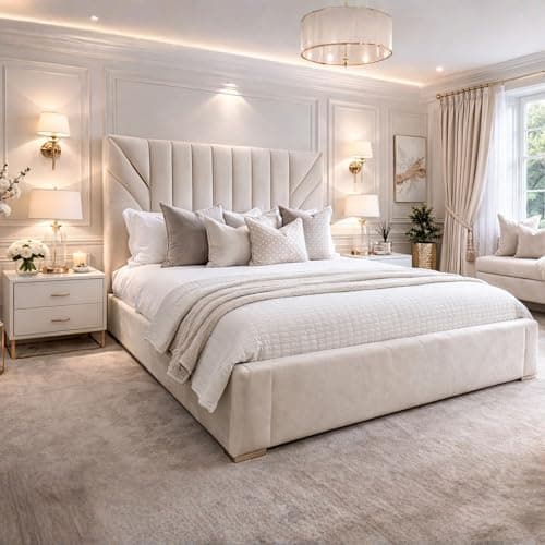 Image of Luxury Upholstered Plush Velvet Bed Frame with Ottoman Gaslift Storage 4ft - 6ft Panel Headboard Small Double Double King Super King - 6ft Super King Bed Only - Cream Non-Storage Slattted Base