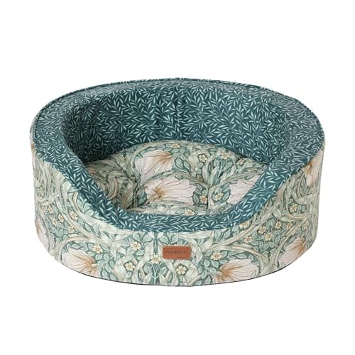 Image of Rosewood x Morris & Co. Pimpernel & Lily Leaf Oval Dog Bed, Large – Luxury Reversible Pet Bed with Iconic William Morris Floral Prints, Soft Washable Cushion, Padded Sides – Stylish Heritage Design