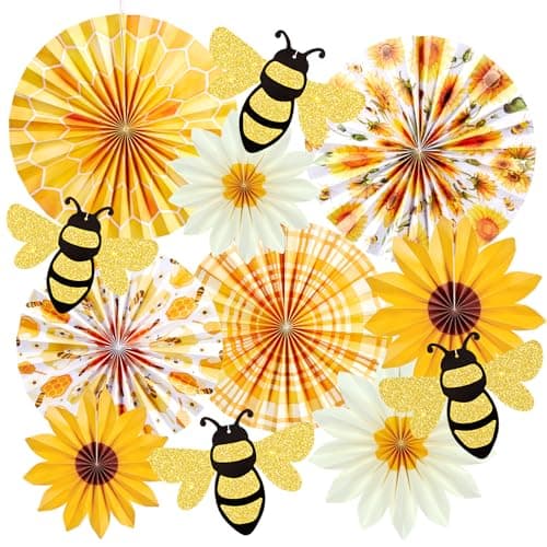 Image of SUNBEAUTY Yellow Paper Fans Flowers 12Pcs Sunflower Party Decorations with Bumble Bee Decorations Paper Bee Decorations Hanging Fans for Baby Shower Yellow Birthday Party Summer Decor
