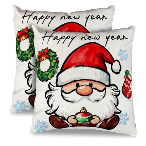 Image of kaiwern 2 Pack Happy New Year Gnome Pillow Covers 18x18 Inch, New Year Decorative Gnome Pillow Cover, Winter Holiday Home Decor Pillowcase for Home Living Room Couch Sofa Bedroom Decor (B)