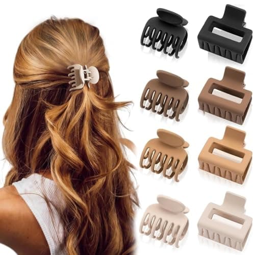 Image of Aucuu 8 Pack Small Hair Claw Clips, No Slip Hair Clamps, Matte Hair Clips, Double Row Teeth Hair Clips, Rectangle Claw Clips, Hairs Accessories for Women Girls for Thin Thick Curly Hairs