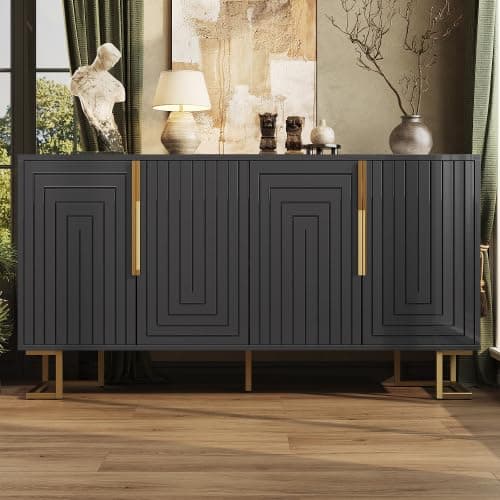 Image of Merax Black Sideboard with Geometric Design, Gold Handles & Feet, Modern Buffet Cabinet for Living Room, Dining Room, and Kitchen, 152 x 40 x 75 cm