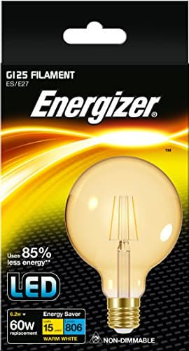 Image of Energizer E27 Golf G125 LED Gold Filament Light Bulb - 5W. Warm White 2200K, 470 Lumen Energy Saving Lightbulb. Non-Dimmable - Large Edison Screw (ES)