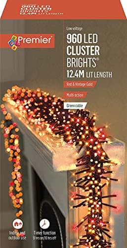 Image of Premier 960 Vintage Gold and Red Multi Action LED Cluster Lights for Christmas Tree, Garland with Timer 6 watts - 26.5 x 14.8 x 11.1 cm; 1.09 Kilograms