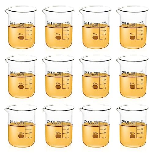 Image of ULAB Scientific Glass Beaker Shot Glass, Vol. 50ml, 3.3 Borosilicate Griffin, Low Form with Printed Graduation, Pack of 12, UBG1013