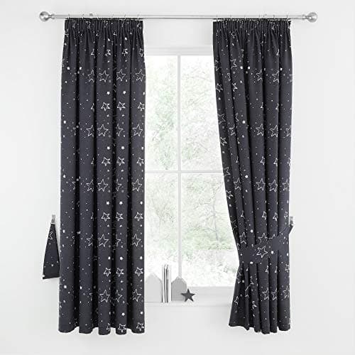 Image of Happy Linen Company Boys Girls Kids Cosmic Stars Space Navy Blue 66" x 72" Fully Lined Pencil Pleat Curtain Set