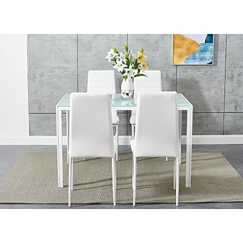 Image of Panana Dining Table and Chairs, Set of 4. Tempered Glass Dining Table with 4 PU Leather Dining Chairs. Dining Room Table Sets for Home and Kitchen Furniture (White, 105x60x75cm)