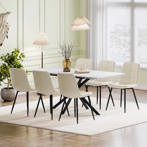 Image of Luxstein Extendable Dining Table and Chairs Set 6, 120-160cm Marble Effect Table with 6 Beige Upholstered PU Leather Chairs for Dining Room, Kitchen