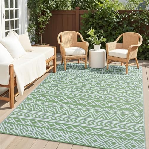 Image of smiry Outdoor Rug for Patios Waterproof, Anti-slip Reversible Garden Rugs Plastic Straw Carpet UV Resistant Area Rugs for Camping, Deck, Beach, Picnic, Backyard(150 X 240 cm, Green & White)