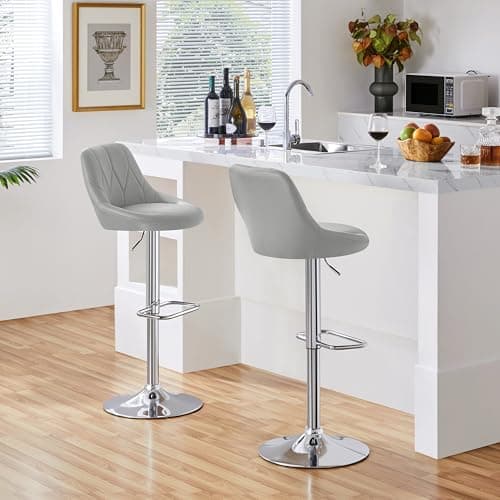 Image of Yaheetech Modern Bar Stools Set of 2 Height Adjustable Swivel Chair with Backrest Chrome Footrest for Breakfast Counter Home Kitchen Light Grey
