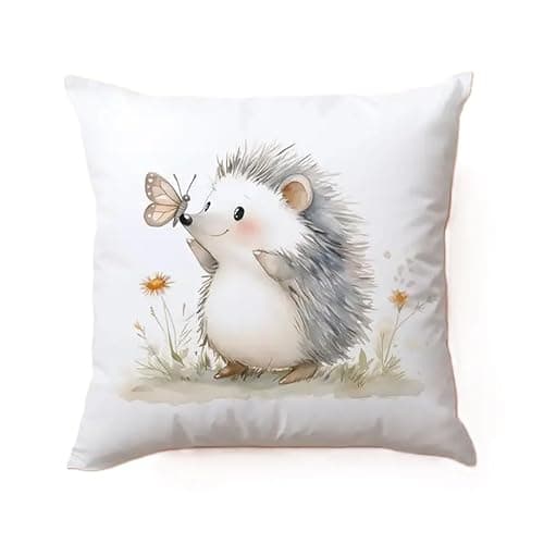 Image of Decorative Hedgehog and Butterfly Throw Pillow Cover, 45 x 45 cm, White Cushion no insert