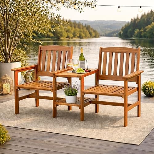 Image of Garden Mile Wooden 2 Seater Jack and Jill Love Seat Patio Set - 2 Person Hardwood Garden Furniture & Table - Garden Outdoor Bench with Built-in Parasol Hole for Terrace Balcony & Outdoor