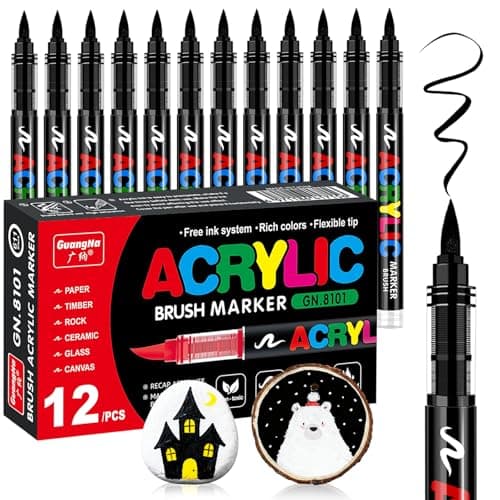 Image of Camiki Art 12 Black acrylic paint pen, Waterproof Paint Markers for Rock, Wood, Pebbles, Glass, Ceramic, Stones, Fabric, Canvas, Craft - Brush Pens, black Permanent Marker Pen Set