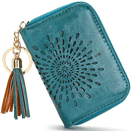Image of APHISON Credit Card Holder RFID Blocking Leather for Women Small Zipper Card Case with 10 Card Slots 1 ID Window 2 Cash Pockets & Removable Keychain (Sunflower)