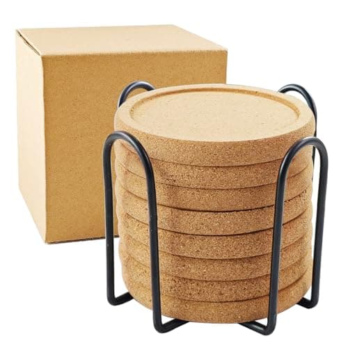 Image of HILELIFE Cork Coasters for Drinks, Coaster set of 8 Pcs with Box, 4 inches Reusable Drink Coasters for Wooden Table Coffee Table