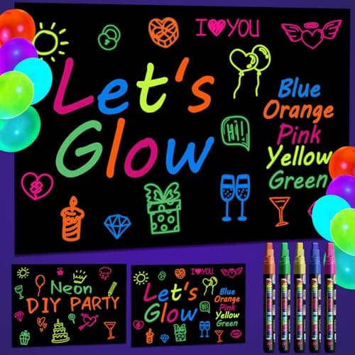 Image of Glow in the Dark Party Supplies - Let's Glow Photography Background Set Include 2 Black Graffiti Papers and 5 Fluorescent Colored Pens for Neon Party Decorations, 3.9 x 5.9 ft