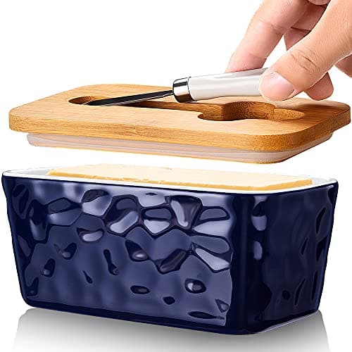 Image of AISBUGUR Butter Dish Ceramic Butter Dish with Lid Porcelain Butter Container with Knife and Lid Upgrade Airtight Large Butter Box Unique Stone Pattern Blue