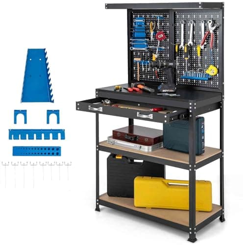 Image of TANGZON Workbench with Pegboard, Metal Work Bench with Shelves, Topping Space, Hanging Accessories, Heavy Duty Work Table Tool Storage Bench for Workshop Warehouse (Black+Blue, 81x41x156cm)