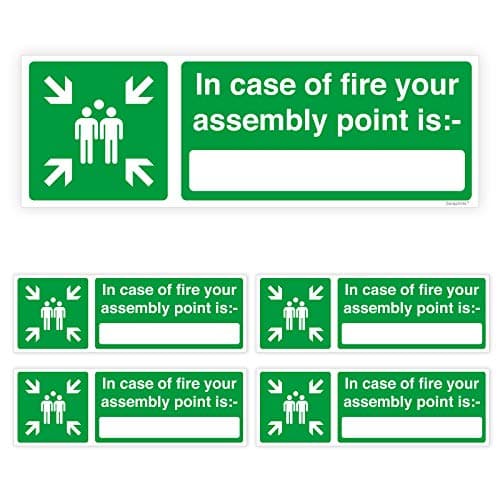 Image of Pack of 5 Fire Sign (300 x 100 mm) Self Adhesive Waterproof Fire Assembly Point Sign Outdoor Stickers for Office, Schools and Malls Sara Prints®