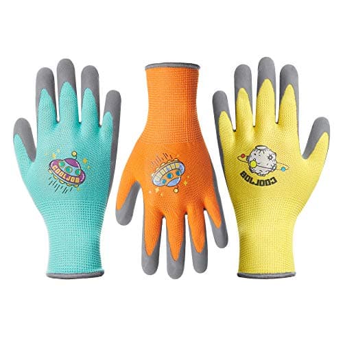 Image of COOLJOB 3 Pairs Kids Gardening Gloves for Age 9-11, Childrens Gardening Gloves, Grippy Rubber Coated Garden Work Gloves for Toddlers, Orange/Green/Yellow, Large Size (3 Pairs L)