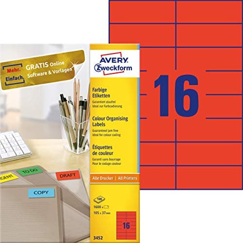 Image of Avery Zweckform 3452 Coloured Labels – A4 – 1600 Labels 105 x 37 mm 100 Sheets Red