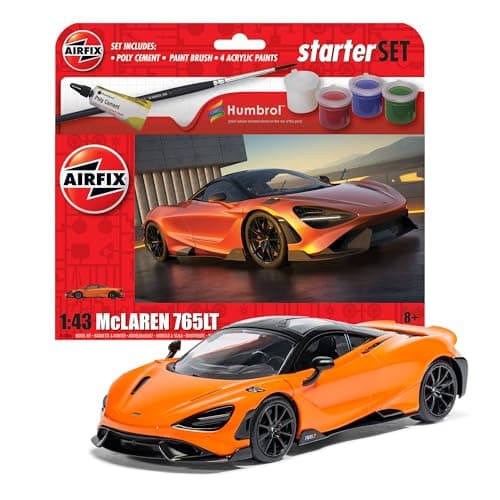 Image of Airfix - Starter Set - A55006 McLaren 765LT Model Building Kit - Plastic Model Car Kits for Adults & Children 8+, Set Includes Decals, Humbrol Acrylic Paints, Brushes & Poly Cement - 1:43 Scale Model
