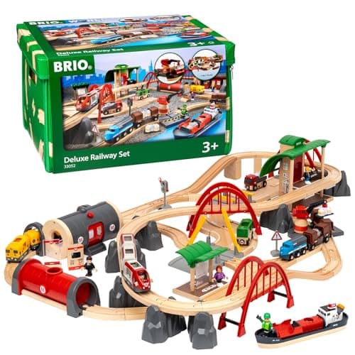 Image of BRIO World Deluxe Wooden Railway Train Set & Track – Large Wooden Train Track with Engine, Wagons, Bridges, Switches & Accessories, Compatible with BRIO World, Educational Toy for Kids 3+