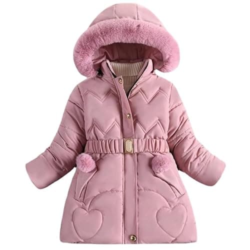 Image of Runstarshow Girls' Winter Coat - Padded Parka Jacket with Detachable Hood, Faux Fur Collar, Fleece Lined, Belted, Pink, Size 9-10 Years, Girls Aged 3-12