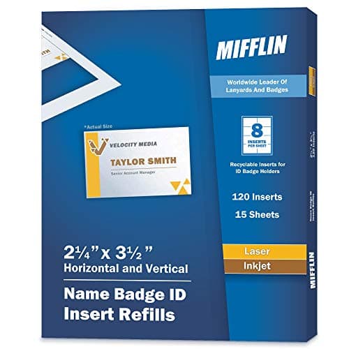 Image of Mifflin Nametag Refills for Badges 90mm x 60mm (120 Cards, 8 per Sheet), Printable Paper Name Inserts for Laser and Inkjet Printer