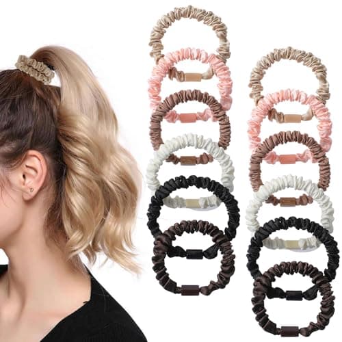 Image of 12Pcs Silk Skinny Scrunchies Set 100% Pure Mulberry Silk Hair Ties For Girls Elastics Hair Bands Ponytail Holders Cute Soft Satin Sleepy Hair Scrunchie For Women Girls Thick Thin Curly Hair No Damage