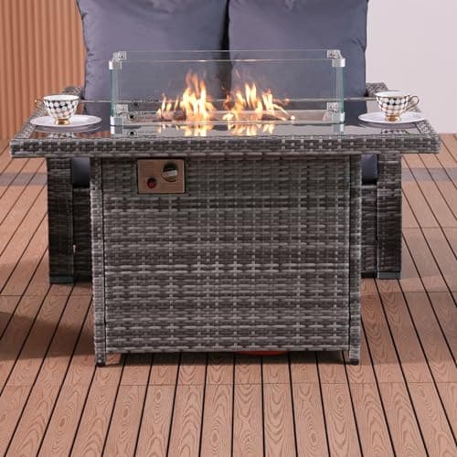 Image of Rattan Gas Fire Pit Table with Lava Stones, Removeable Wind Guard & Lid Cover - Outdoor Table Top Fire Pit for Garden, Patio, Conservatory - FREE RAIN COVER INCLUDED (Dark Grey)