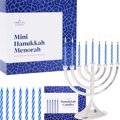 Image of The Dreidel Company Silver Classic Hanukkah Mini Menorah with Birthday Candles, for All 8 Days of Chanuka (Single)