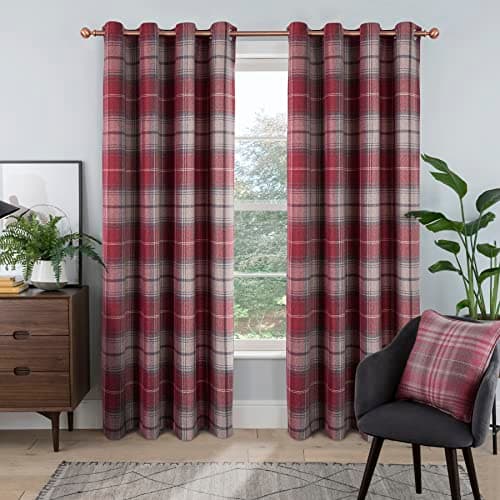 Image of always4u Red Check Curtains Eyelet Tartan Curtain for Living Room Bedroom Highland Woolen Look Red Checked Fully Lined Pair of 46 * 54 Inches