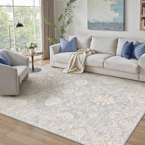 Image of PureCozy 160x230cm Rugs for Bedroom Living Room Vintage Blue Washable Soft Area Rugs with Non Slip Backing, Flower Traditional Printed Low Pile for Kitchen Dining Room Laundry Office