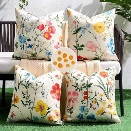 Image of Velvhom Decorative Cushions 45 x 45 cm, Set of 4, Modern Design with Colourful Botanical Flowers, Weather-Resistant, for Living Room and Patio