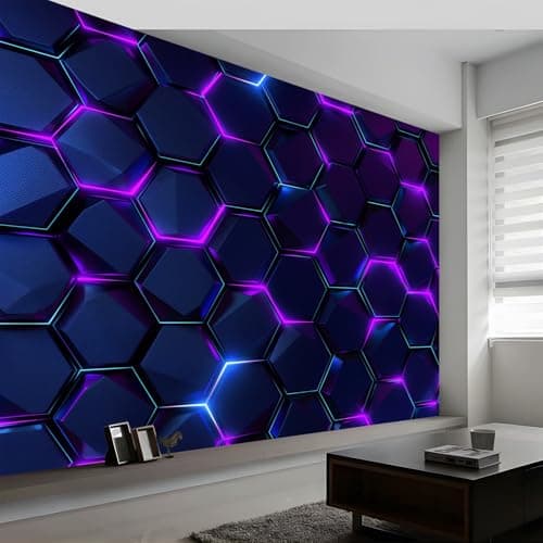 Image of Generic Panoramic Wallpaper Mural, 300 x 210 cm (WxH), Abstract Geometric Hexagon, Neon Lights, Wall Art, Wallpaper Mural, Living Room, Bedroom, Office