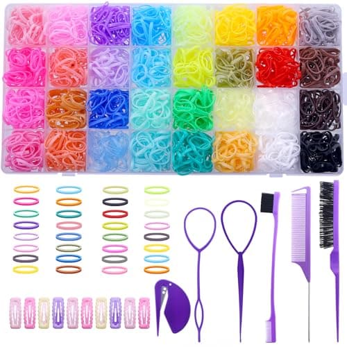 Image of 32 Colors Small Hair Rubber Bands with 16 Hair Styling Tools, 2000 Pcs Elastic Girl Baby Hair Ties Mini Hair Bands with Hair Elastic Cutter Hair Accessories Xmas Stuff for Girls Baby Toddlers Kids