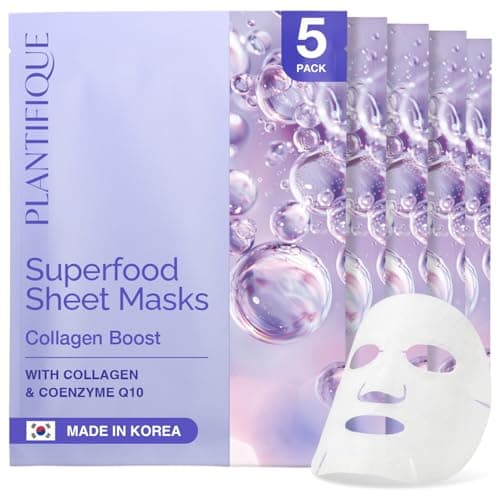 Image of PLANTIFIQUE Facial Sheet Mask Collagen Boost 5 Pack – Anti-Aging & Firming Face Mask Sheets with Collagen, Coenzyme Q10 & Blueberries – Korean Skincare for a Smooth, Revitalized Look