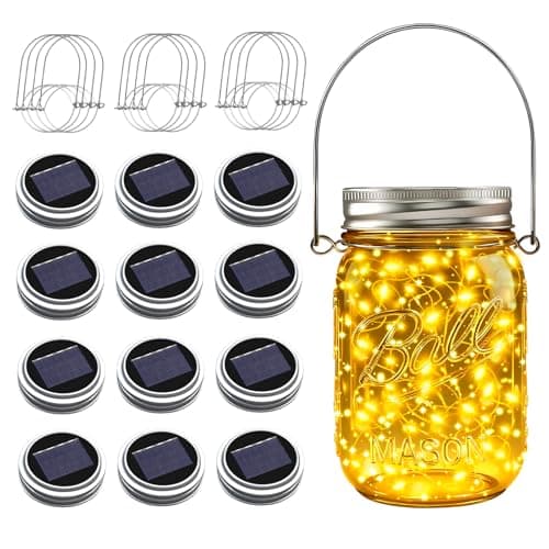 Image of ZNYCYE Mason Jar Solar Lights for Outside, 12 Pack 30 LED Fairy Firefly Lights Mason Jar Solar Lids Outdoor Waterproof String Lights with Hangers(NO JARS) for Patio Garden Yard Lawn Decor - Warm White