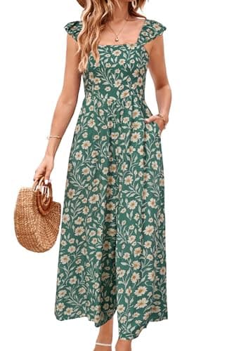 Image of LAISHEN Jumpsuits Women Ruffle Sleevelesss Playsuits Square Neck Smocked Wide Leg Overalls with Pockets (Floral-E,S)