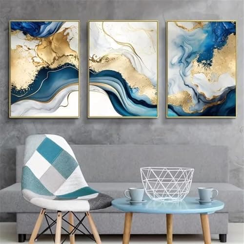 Image of WUHBCZ Canvas Paints-Abstract Canvas Painting Gold Blue Marble Poster Wall Art Posters Nordic Pictures Artwork for Living Office Room Home Decoration-60 * 70cm/3PCS (No Frame)