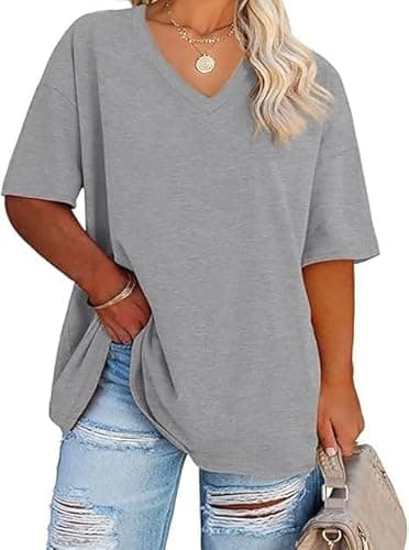 Image of FANGJIN Women's V Neck T Shirts Loose Cotton Tops Short Sleeve Shirt Summer Grey Tshirt Work Tops for Women UK Grey 5XL