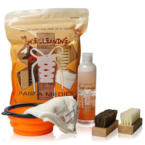 Image of Pairamedics Shoe Cleaning Kit White Shoe Cleaner Kit 8oz with 2 Microfiber Shoe Brush & Pot Perfect Sneaker Cleaner Kit, Ugg Cleaner Kit for Cotton and Boots Cleans upto 50 Pairs, Clear, 8oz