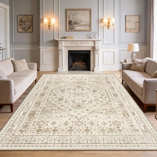 Image of Capslpad Washable Rugs Living Room 200x300cm Distressed Vintage Area Rugs Non-Slip Traditional Oriental Bedroom Carpet Low Pile Thin Floor Mat Rug for Dining Room Kitchen Office Decor, Beige