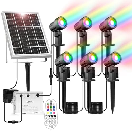 Image of Linke Solar Spot Lights Outdoor Garden, 6 in 1 Colour Changing Led RGB Solar Powered Spotlights IP66 Spike Lights Remote Control Dusk to Dawn Landscape Spotlight for Yard Patio Lawn