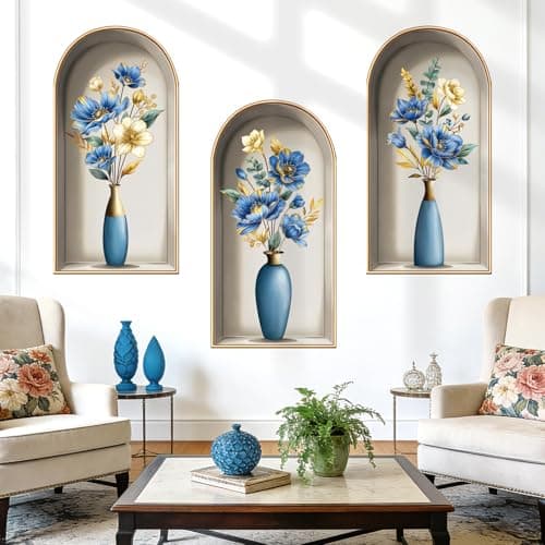 Image of decalmile 3D Flower Vase Wall Stickers Blue Flower Gold Leaves Wall Decals Bedroom Living Room Sofa TV Background Home Decor