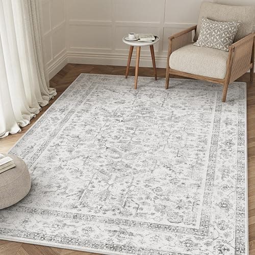 Image of PureCozy Vintage Washable Grey Rugs Living Room Area Rug 120x170cm Bedroom Non Slip Soft Large Carpet Dining Room Office Kitchen Bedroom Indoor Low Pile Carpets