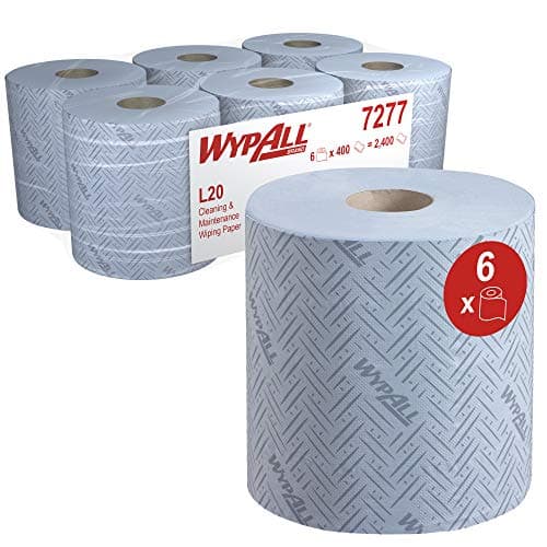 Image of WypAll L20 Cleaning and Maintenance Blue Wiping Paper 7277-2 Ply Centrefeed Rolls - 6 Blue Rolls x 400 Paper Wipers (2,400 Total)