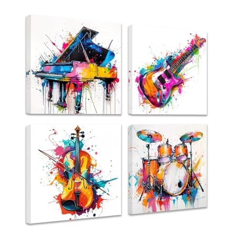 Image of CCWACPP 4pcs Music Canvas Wall Art Piano Drum Guitar Violin Set Pictures Music Themed Wall Decor Colorful Musical Instruments Painting Prints Framed (40x40cmx4)